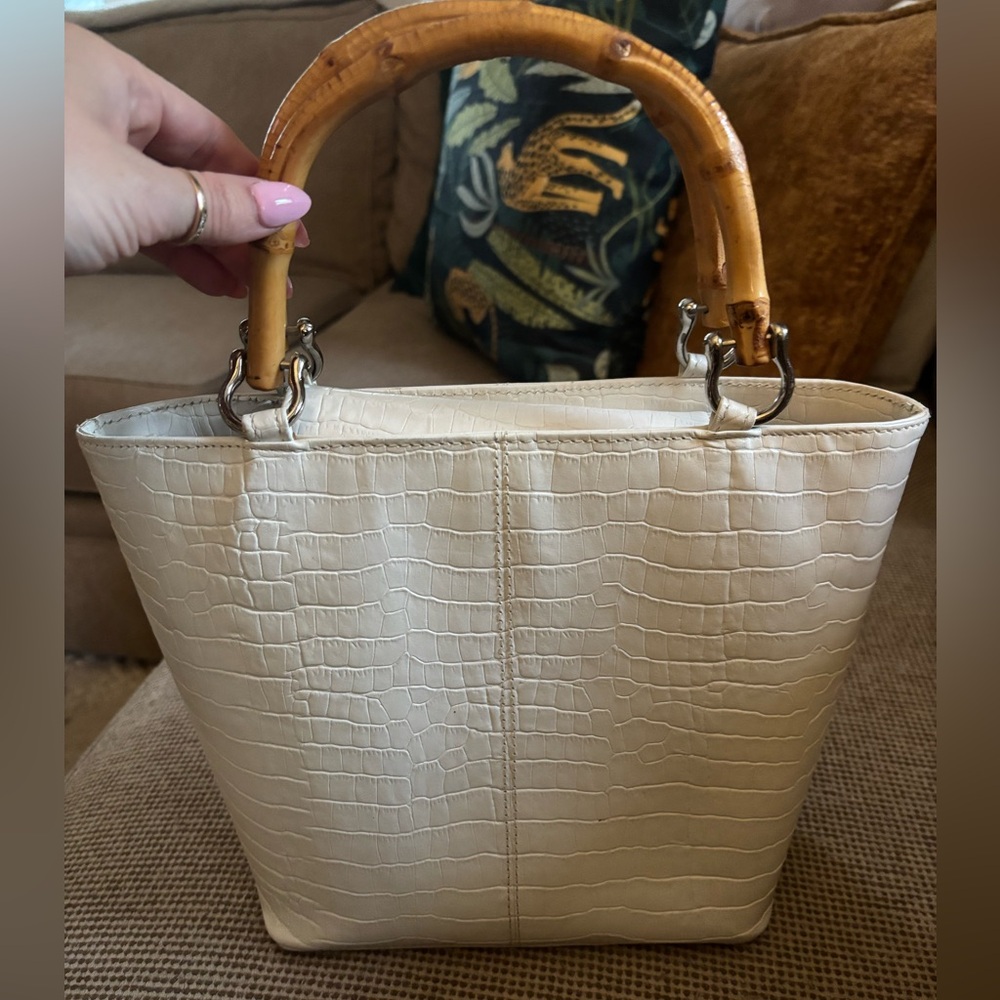 Talbots White Croc-Embossed Tote with Bamboo Handles
